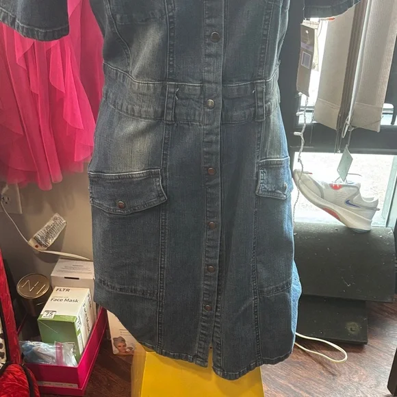 Denim Midi Shirt Dress with Pearl Detail - Blue - Picture 5 of 12